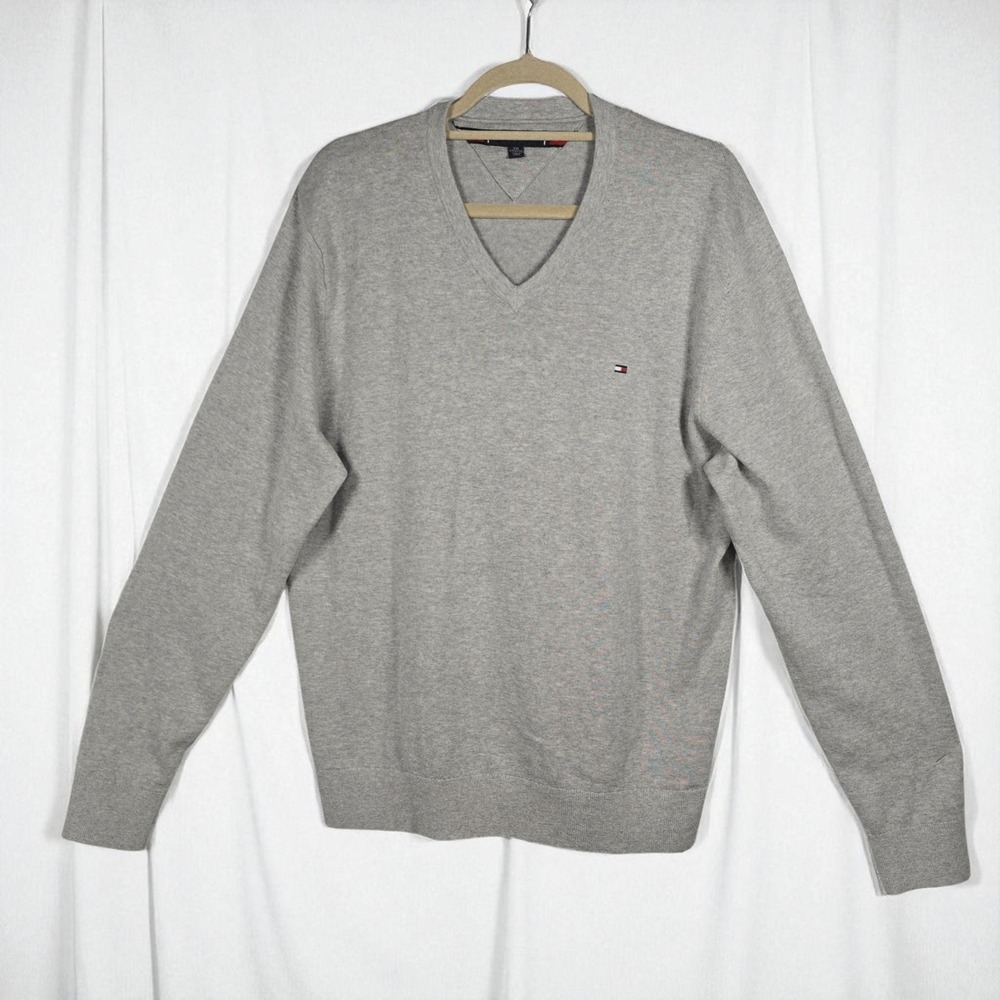 Tommy Hilfiger Mens XXL V-Neck‎ Sweater Gray Cotton Long Sleeve